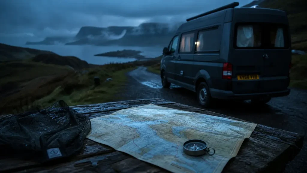 Van ecosse dans les Highlands, route étroite vers loch brumeux