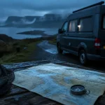 Van ecosse dans les Highlands, route étroite vers loch brumeux