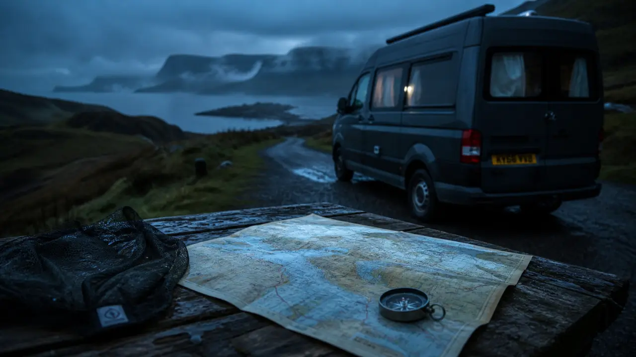 Van ecosse dans les Highlands, route étroite vers loch brumeux