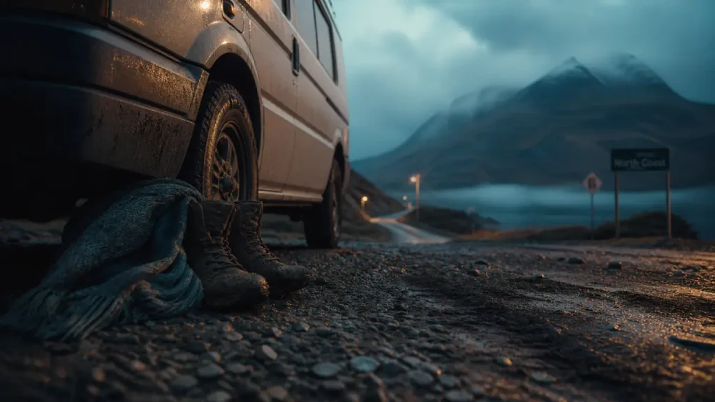 Van ecosse road trip : petit van près de la route et des Highlands, brume