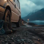 Van ecosse road trip : petit van près de la route et des Highlands, brume