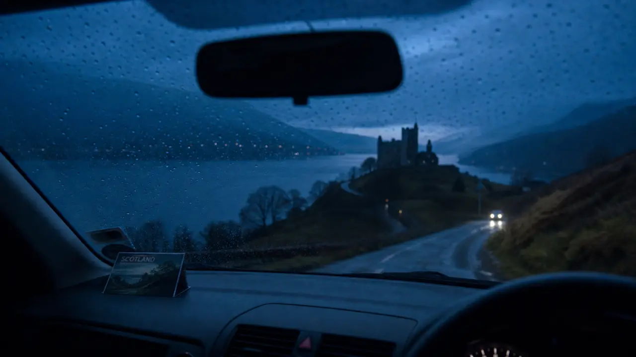 Voyage écosse road trip aux Highlands, Loch Ness brumeux depuis la voiture