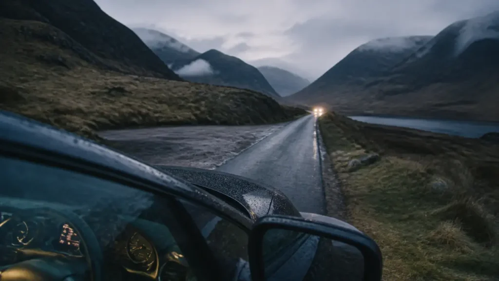 Voyage en ecosses : voiture sur route sinueuse en Écosse, passing place et brume des Highlands