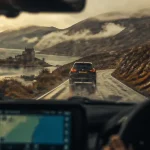 Voyager en Ecosse : voiture de location sur une route à gauche, pluie et bokeh des Highlands