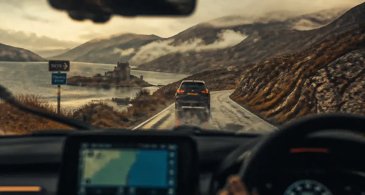 Voyager en Ecosse : voiture de location sur une route à gauche, pluie et bokeh des Highlands