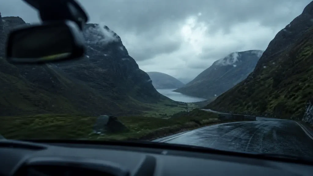 1 semaine en ecosse : route humide vers Glencoe, Highlands, vue depuis la voiture