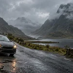 5 jours en ecosse : voiture sur route des Highlands, pluie et montagnes de Glencoe