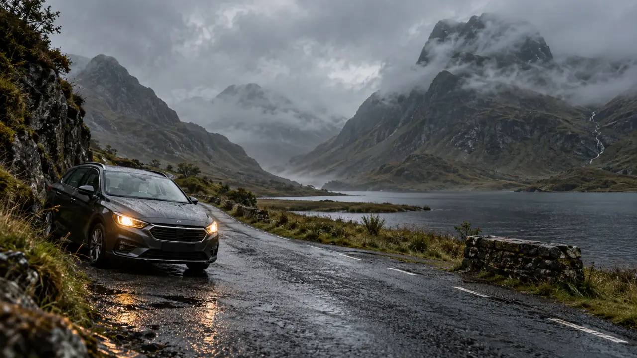 5 jours en ecosse : voiture sur route des Highlands, pluie et montagnes de Glencoe