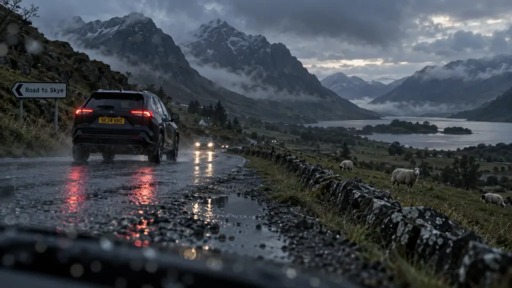 Autotour ecosse 1 semaine : route à gauche vers Skye, Glencoe brumeux