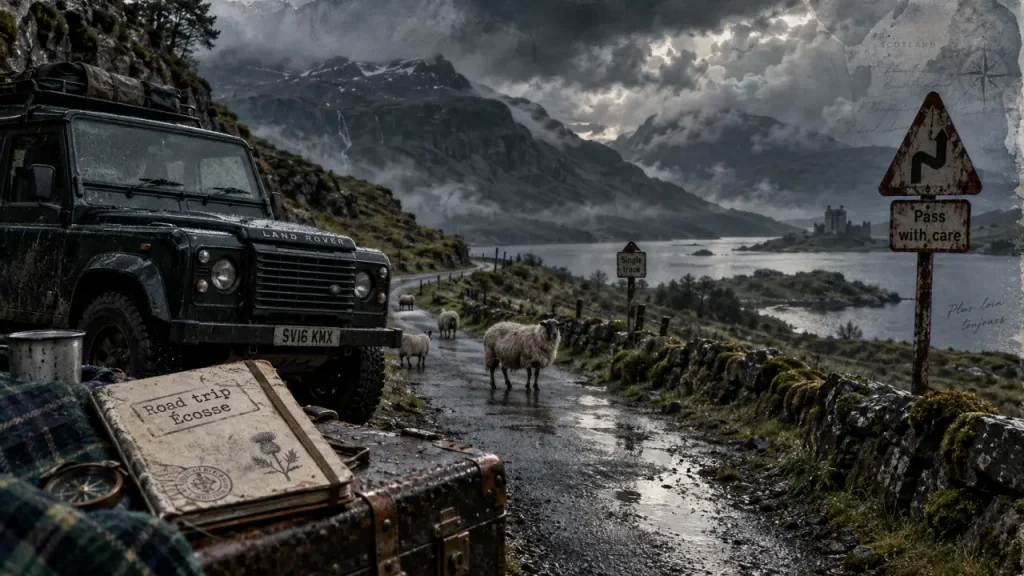 Avis voyage ecosse : route des Highlands brumeuse avec moutons et Land Rover