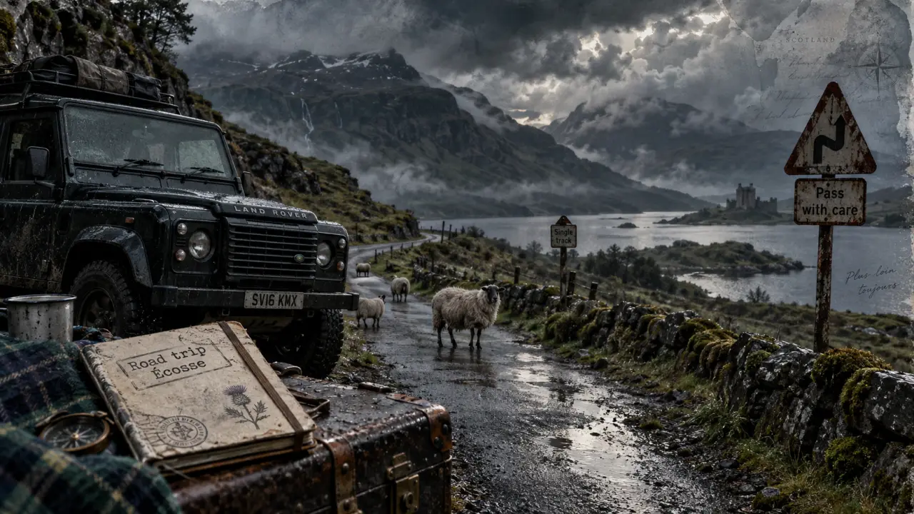 Avis voyage ecosse : route des Highlands brumeuse avec moutons et Land Rover