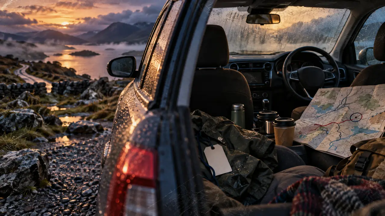 Blog ecosse : voiture de location sur parking, carte d’itinéraire des Highlands