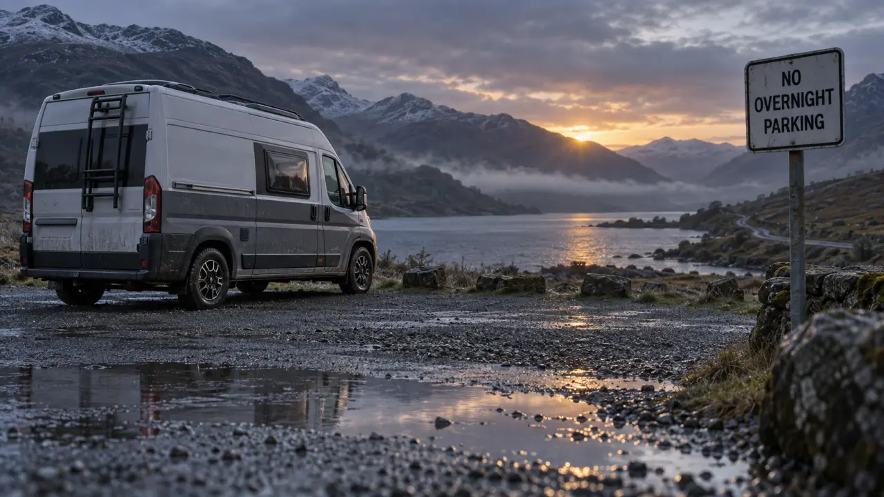 Camping car ecosse sauvage : NO OVERNIGHT PARKING près d’un loch brumeux