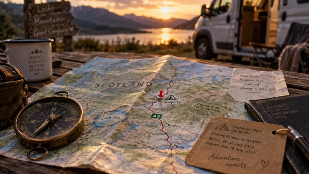 carte des campings en écosse, itinéraire et camping marqué