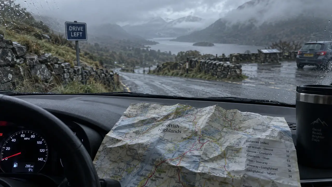 Conduite en ecosse : voiture à gauche, route humide et panneau DRIVE LEFT