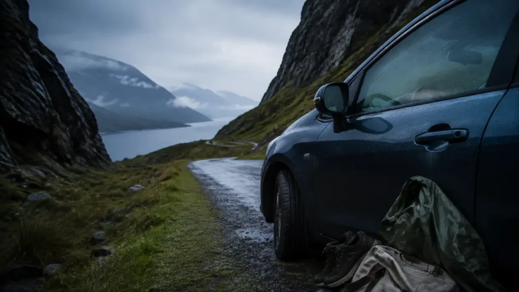 Écosse en été : voiture et route humide sous pluie fine dans les Highlands