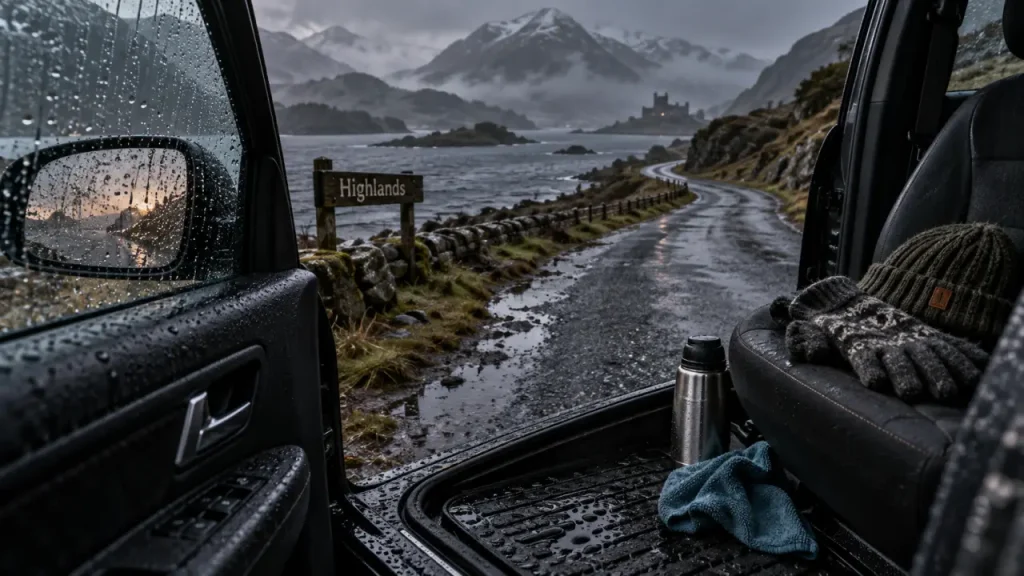 Écosse en janvier : route froide des Highlands, voiture et loch sous la pluie