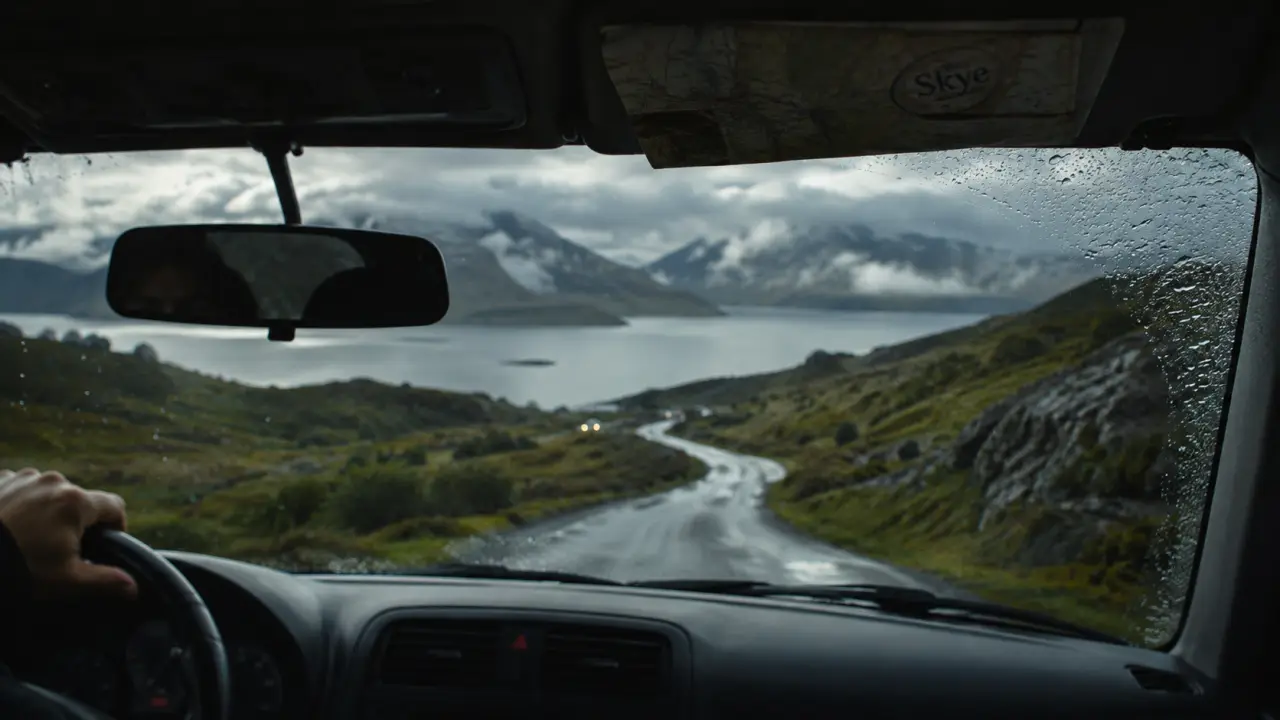 Écosse en mai : route calmes aux Highlands, vue depuis la voiture