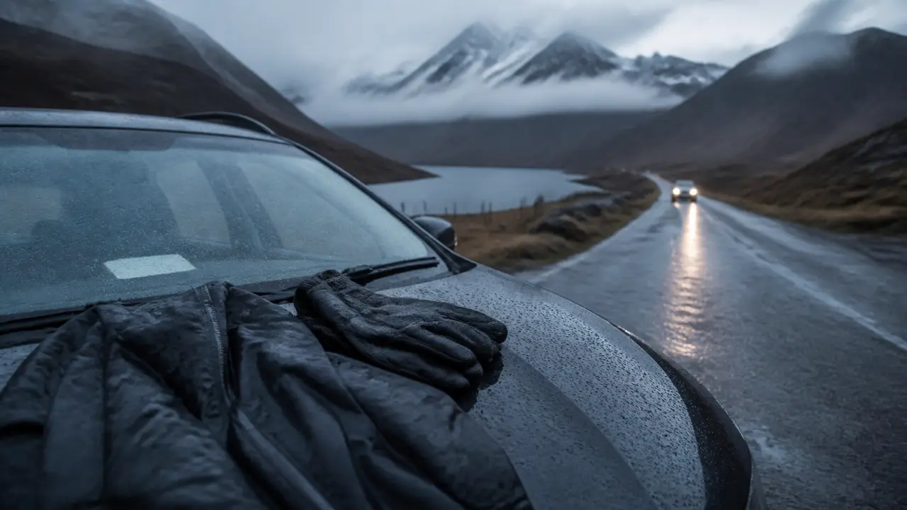 Écosse en novembre, route humide vers Glencoe, brume et phares