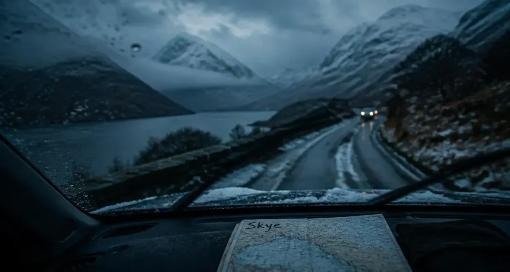 Écosse février : route enneigée vers Skye, loch brumeux et montagnes