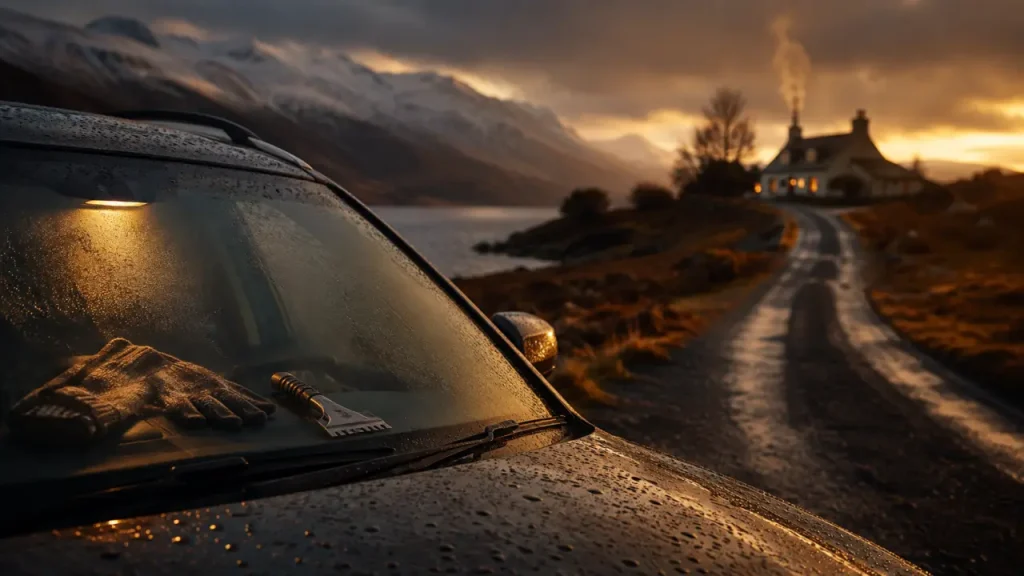 Écosse hiver : voiture de location sous la brume et pare-brise embué