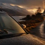 Écosse hiver : voiture de location sous la brume et pare-brise embué