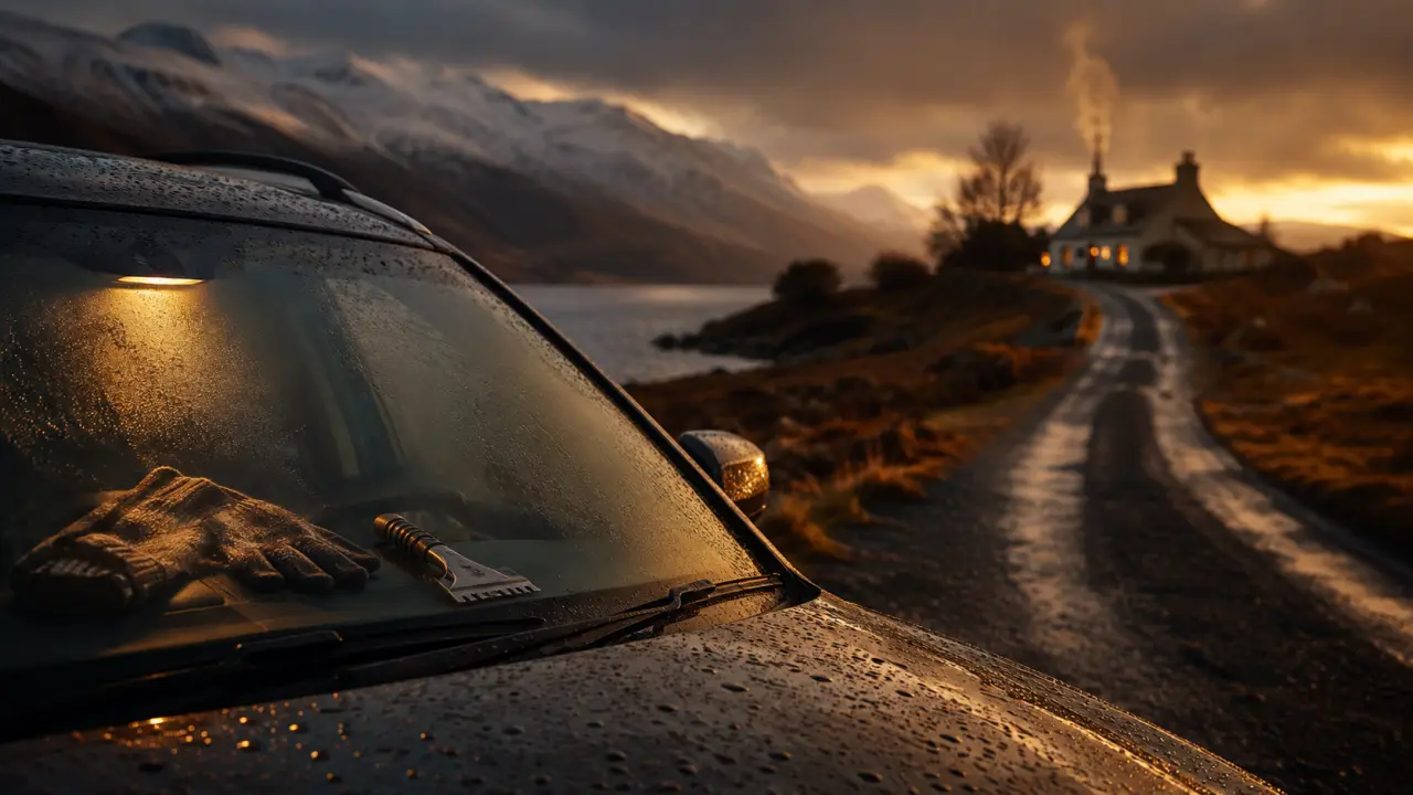 Écosse hiver : voiture de location sous la brume et pare-brise embué