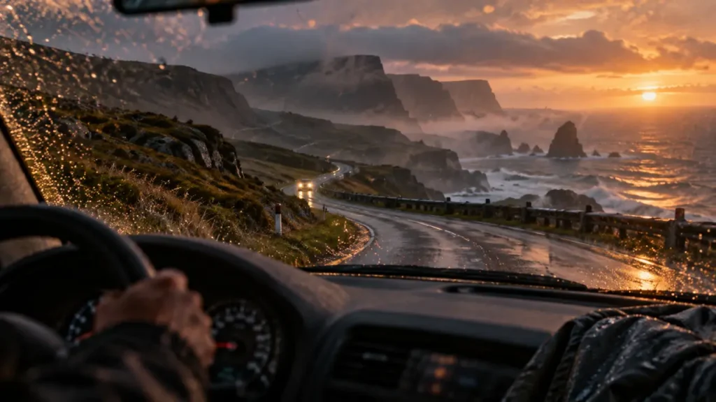 ecosse meteo octobre : route humide en Ecosse, vent et pluie