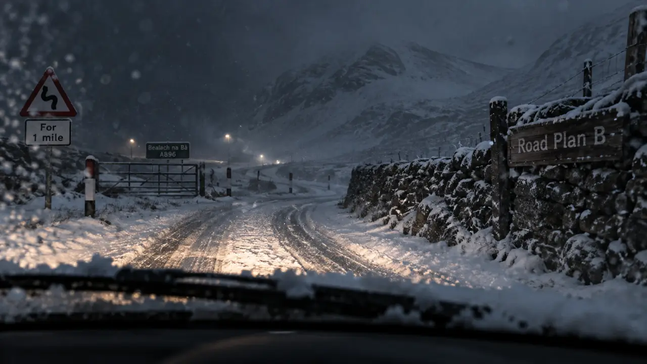 Ecosse neige : route dans les Highlands, pneus dans la neige et visibilité réduite