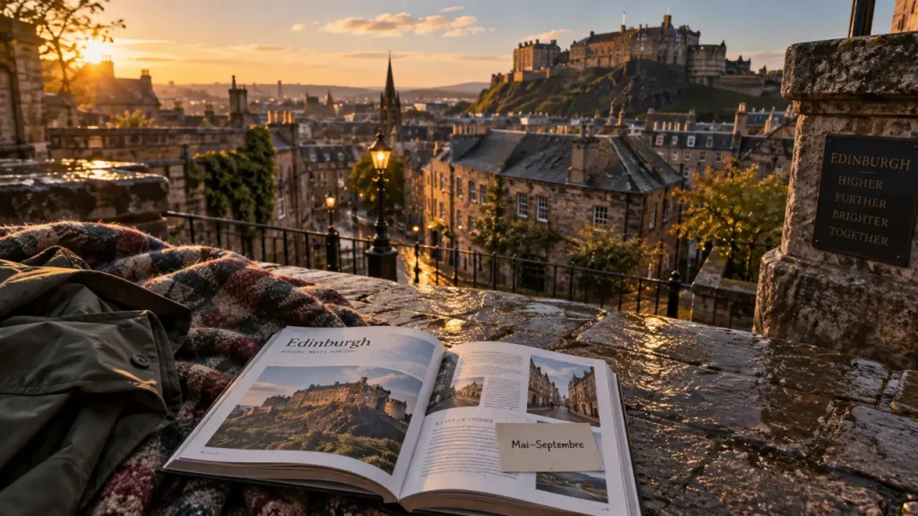 Edimbourg quand partir : Old Town au coucher du soleil, pluie et festivals (mai à septembre).