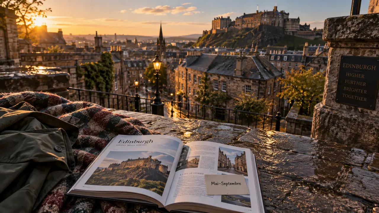 Edimbourg quand partir : Old Town au coucher du soleil, pluie et festivals (mai à septembre).