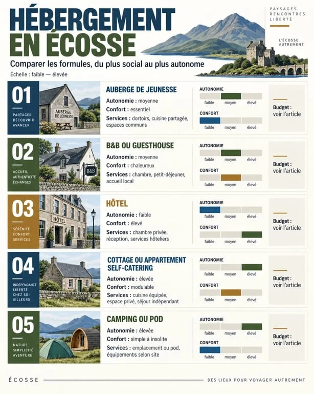 Hébergement en Écosse : comparaison des auberges, B&B, hôtels, cottages et campings