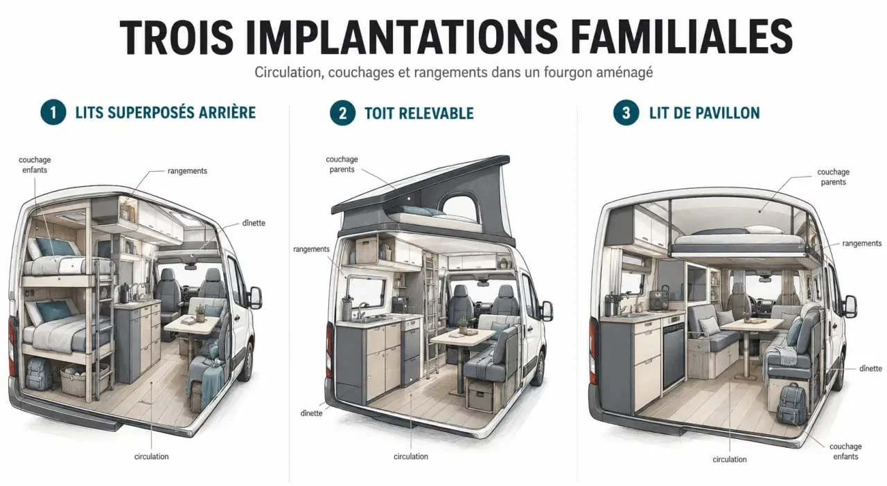 Implantations d’un fourgon amenage family avec lits superposés, toit relevable et lit de pavillon