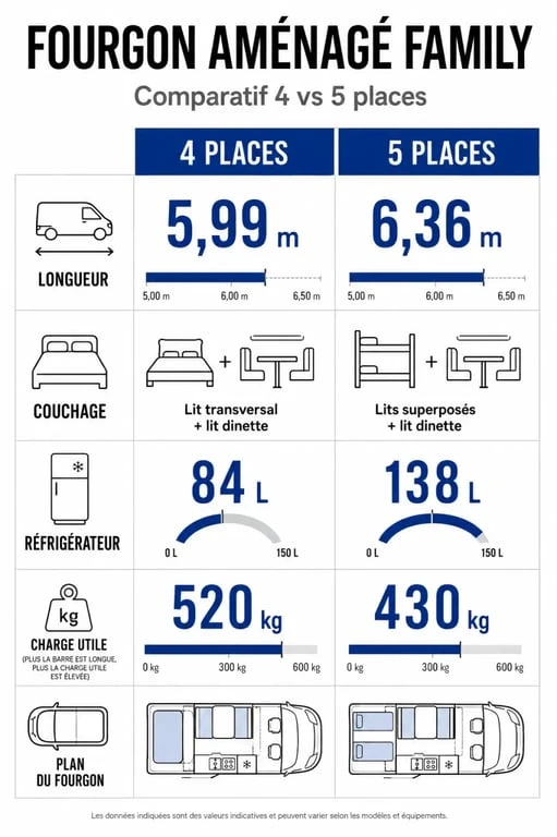 Comparatif fourgon amenage family : places route, places nuit, dimensions et charge utile