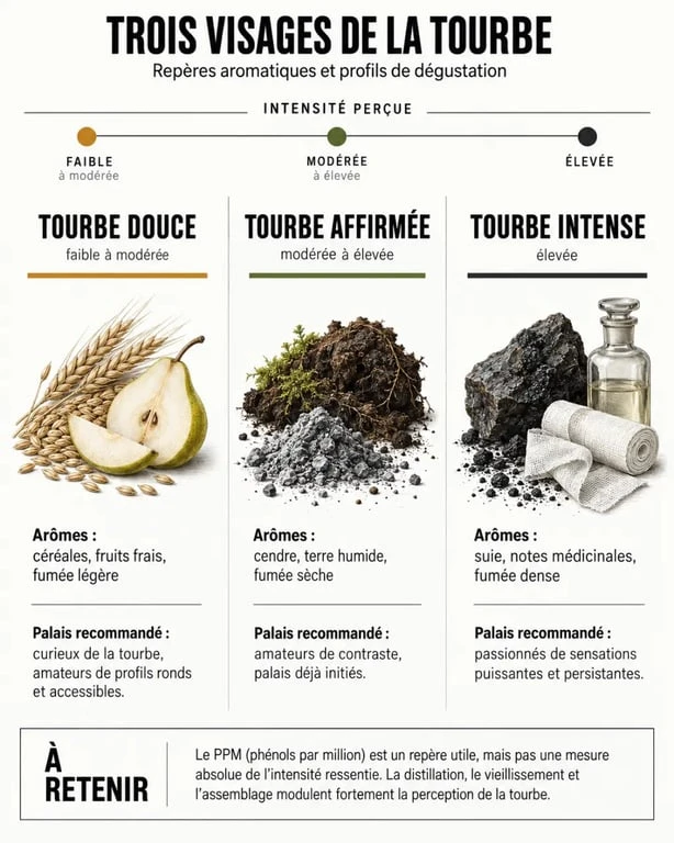 Échelle comparative de l’intensité du whisky tourbé et de ses profils aromatiques