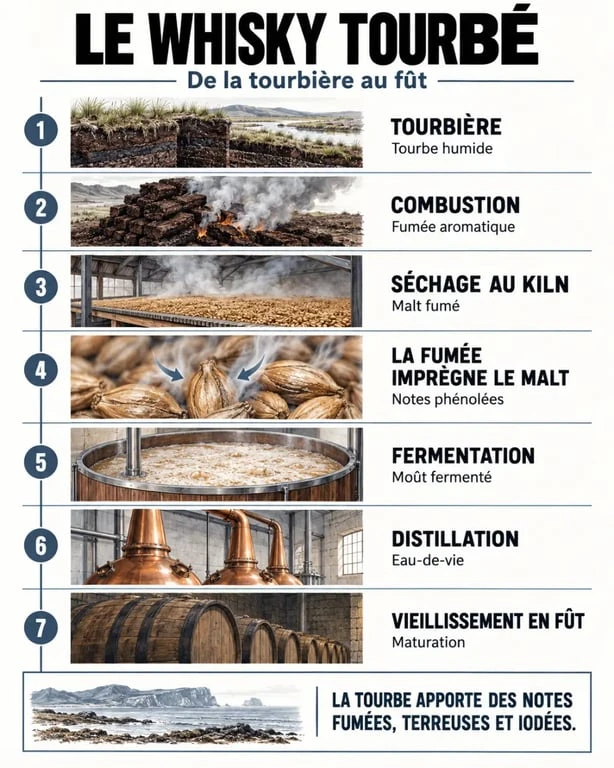 Infographie du processus de fabrication du whisky tourbé, de la tourbière au vieillissement en fût