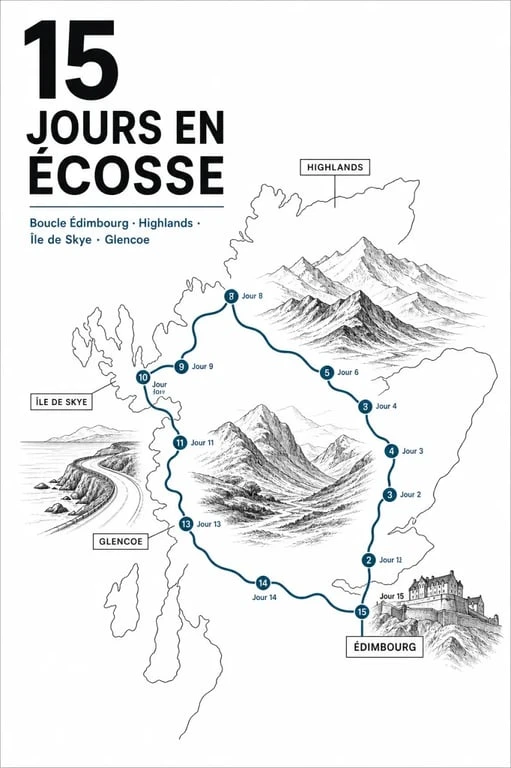 Road trip ecosse 15 jours : vue d’ensemble de l’itinéraire entre Édimbourg, les Highlands et l’île de Skye