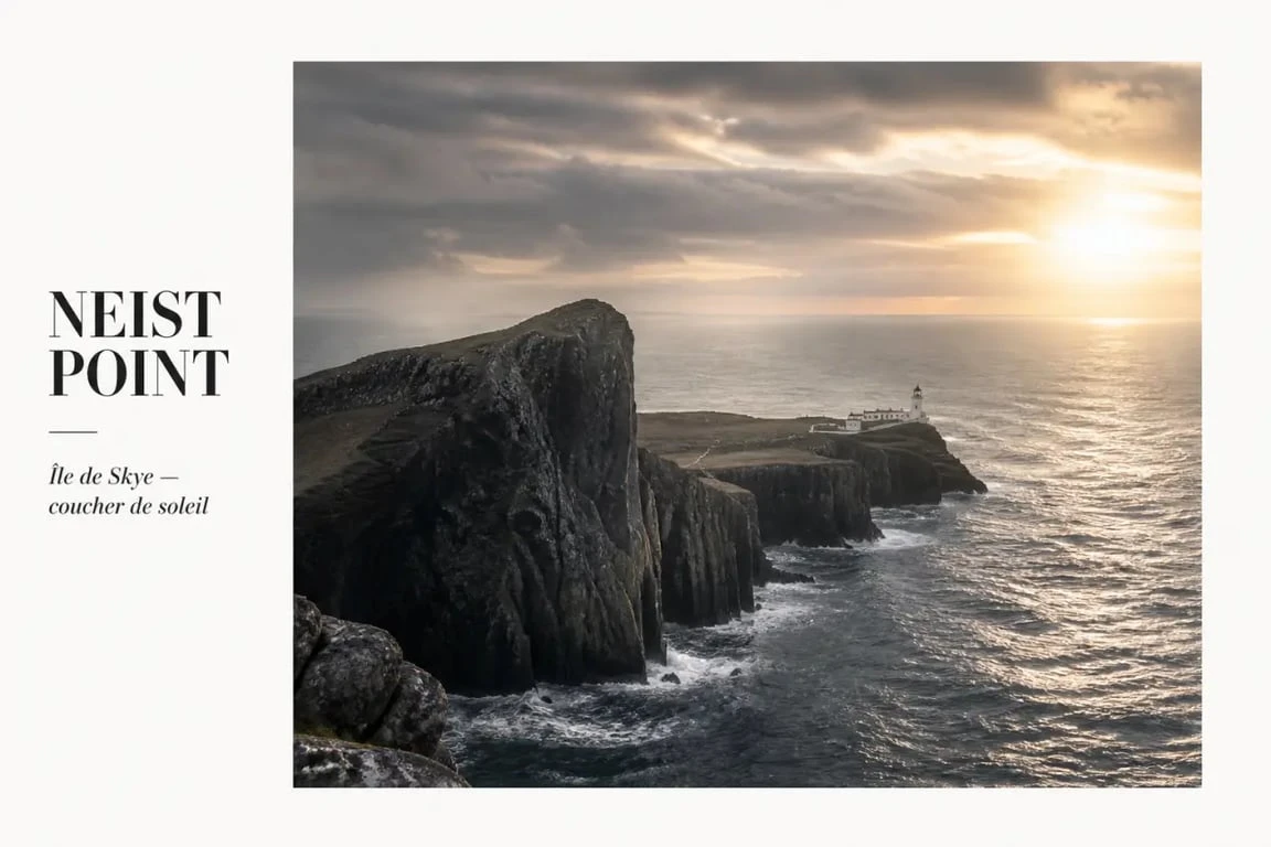 Skye Neist Point au coucher du soleil avec phare, falaises et Atlantique