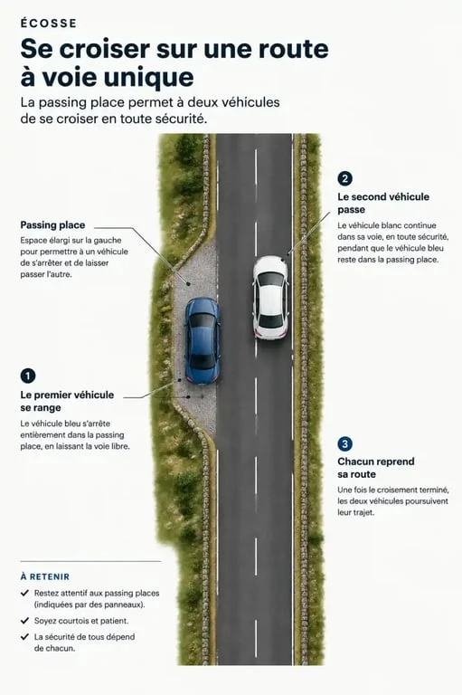 Schéma explicatif du fonctionnement d'une passing place pour la conduite en Écosse