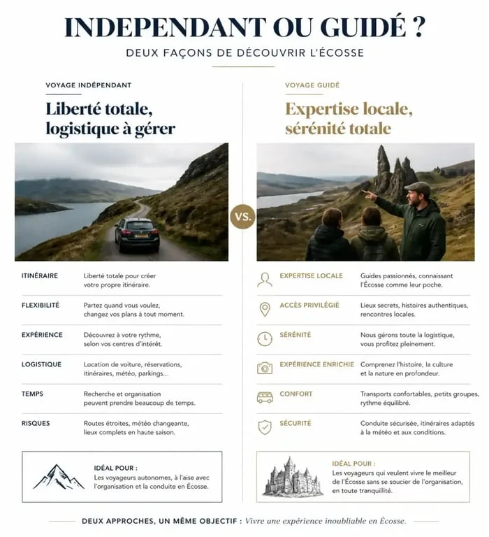 Comparaison entre voyage autonome et voyage en Écosse avec guide