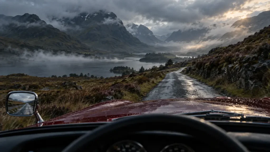 Itineraire road trip ecosse 7 jours : voiture sur route mouillée en Highlands, près de Glencoe