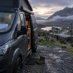 Louer camping car ecosse : van dans les Highlands, lever du jour, routes et brume