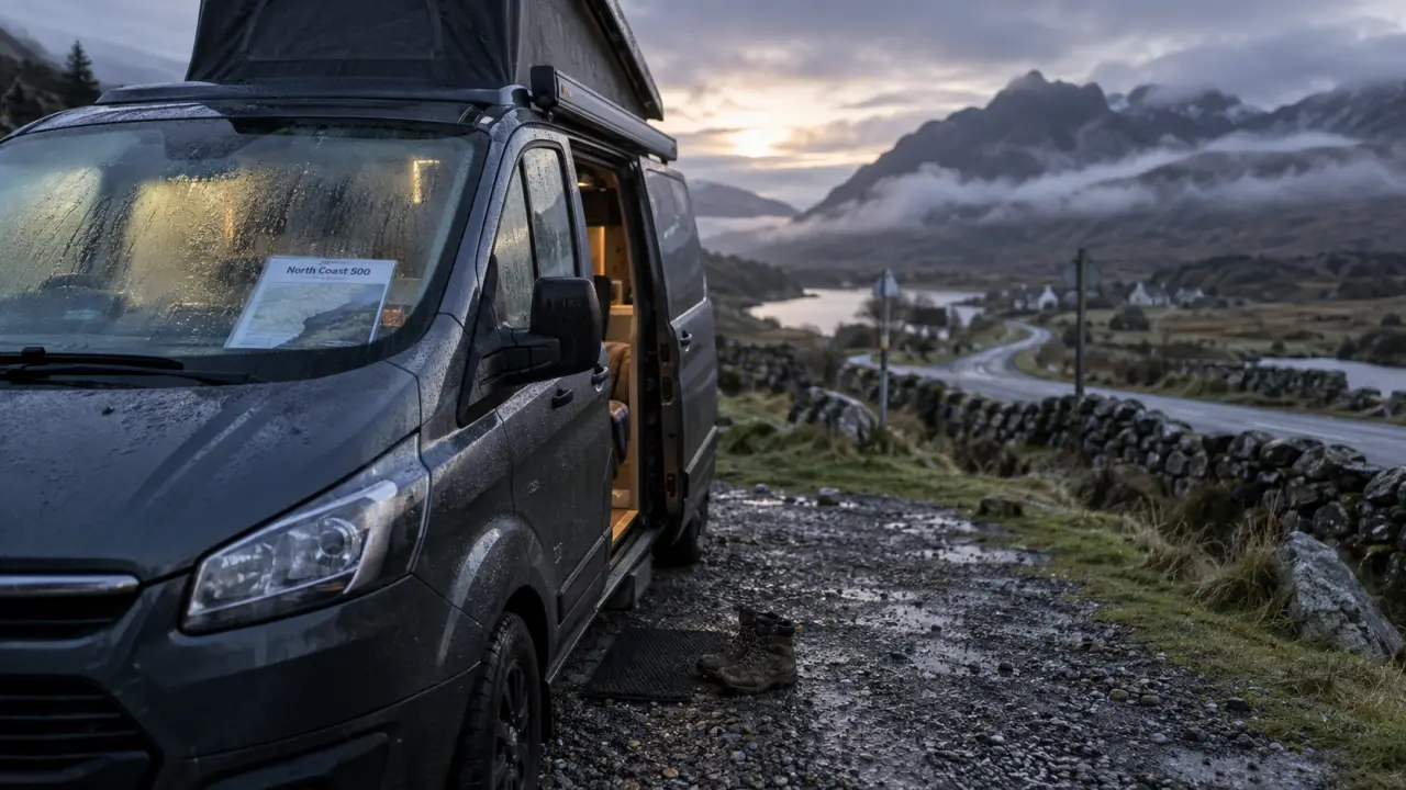 Louer camping car ecosse : van dans les Highlands, lever du jour, routes et brume