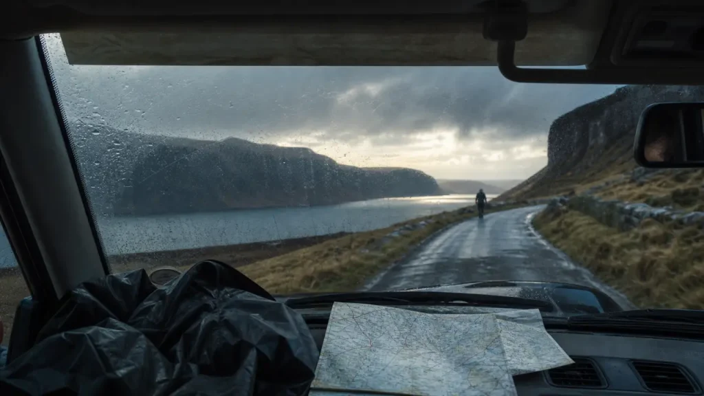 Meteo ecosse avril : route humide en voiture, loch et falaises, ciel changeant