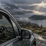 Météo écosse highlands : voiture de road trip sous pluie et brume près d’un loch
