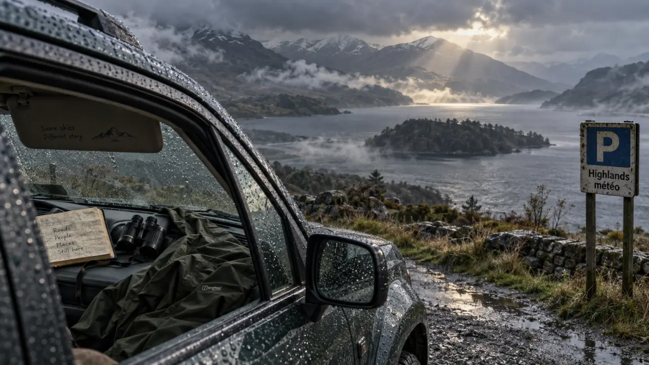 Météo écosse highlands : voiture de road trip sous pluie et brume près d’un loch