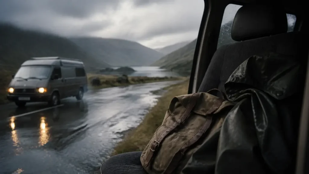 meteo ecosse juillet : van sous pluie, route des Highlands humide