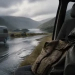 meteo ecosse juillet : van sous pluie, route des Highlands humide