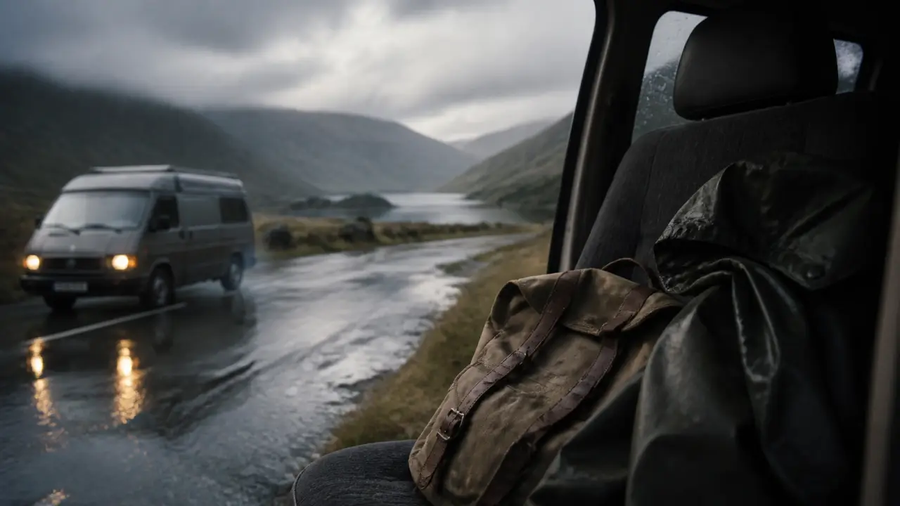 meteo ecosse juillet : van sous pluie, route des Highlands humide