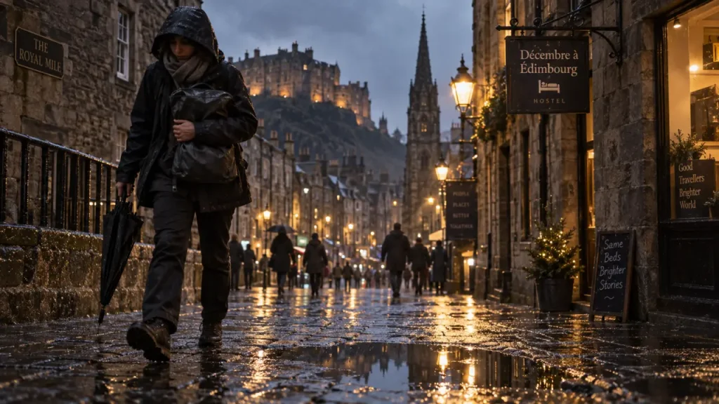 meteo edimbourg decembre : voyageur sous la pluie, ruelle humide d’Édimbourg